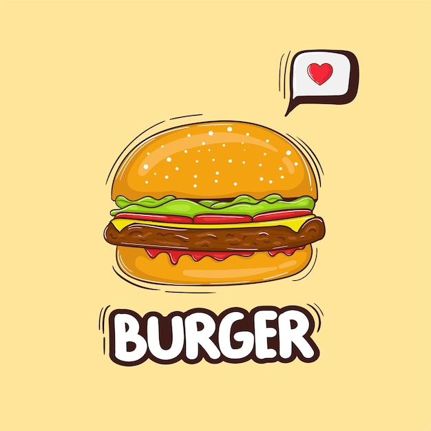 Ilustración colorida de hamburguesa con queso dibujado a mano