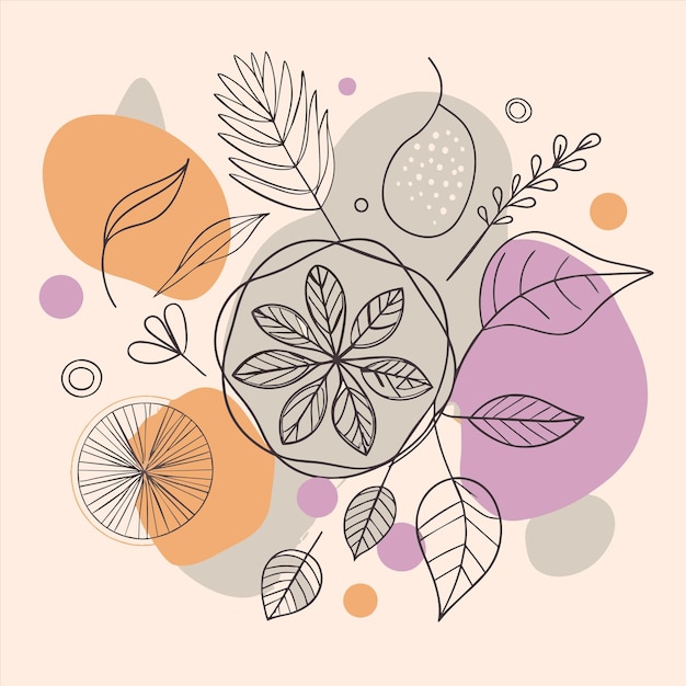 una ilustración colorida con hojas y flores en ella