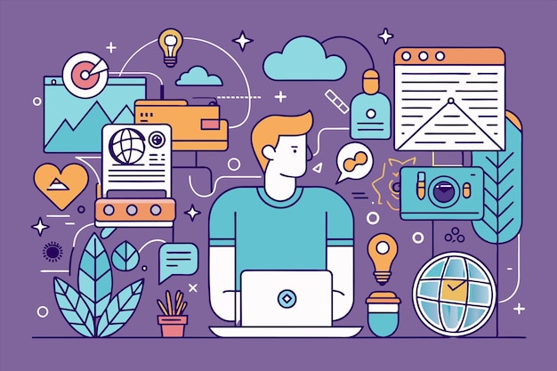 una ilustración colorida de un hombre trabajando en una computadora portátil con muchas cosas a su alrededor