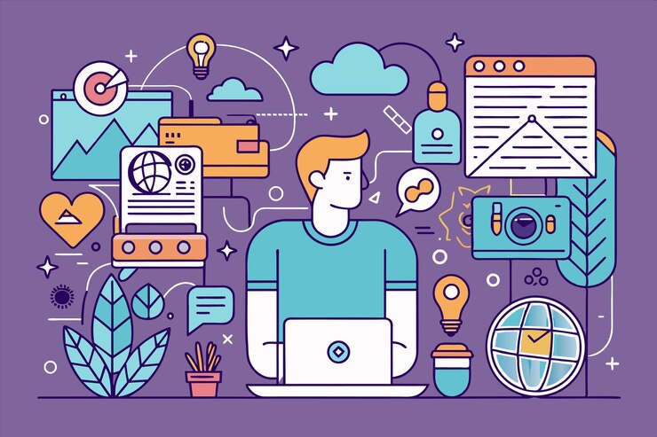 Vector una ilustración colorida de un hombre trabajando en una computadora portátil con muchas cosas a su alrededor