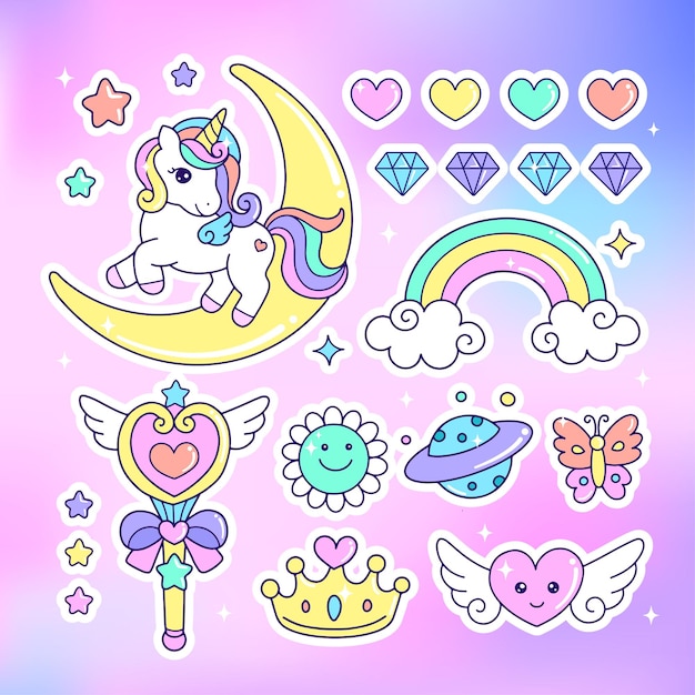 Vector ilustración colorida del icono de la etiqueta engomada del arco iris del unicornio