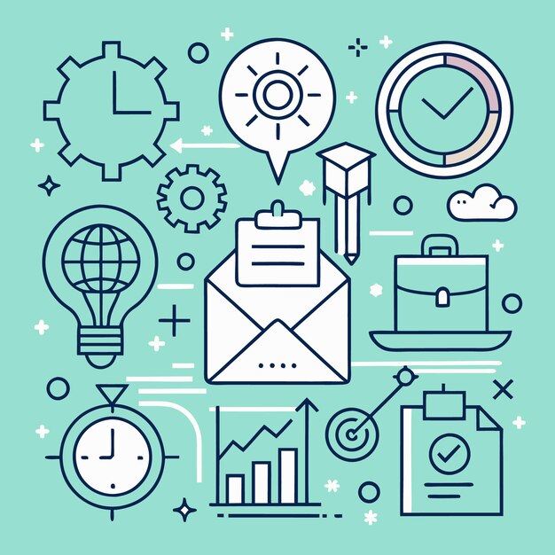 Una ilustración colorida con iconos de contorno que representan conceptos de productividad, eficiencia, trabajo y éxito