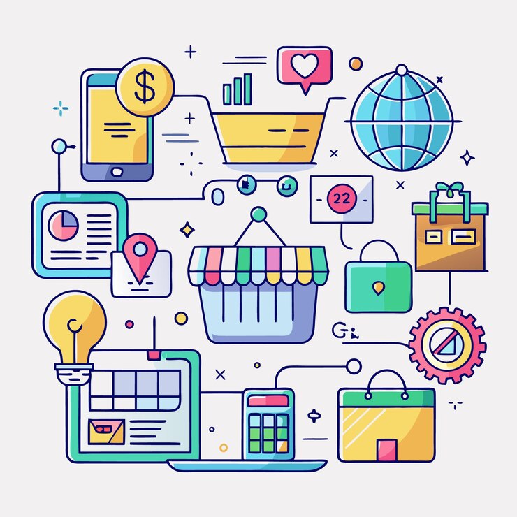 Vector ilustración colorida de iconos y elementos de la tienda en línea