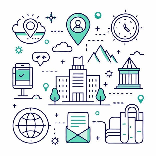 Una ilustración colorida con iconos de línea relacionados con los viajes de negocios y la comunicación