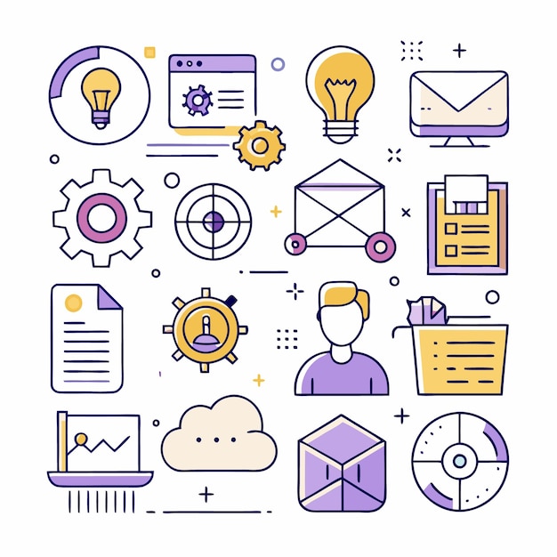 Una ilustración colorida de iconos de marketing y comunicación empresarial