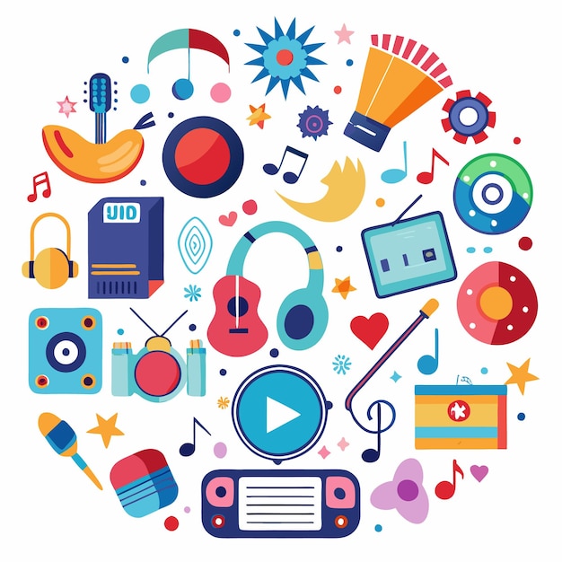 Ilustración colorida con iconos con temas musicales