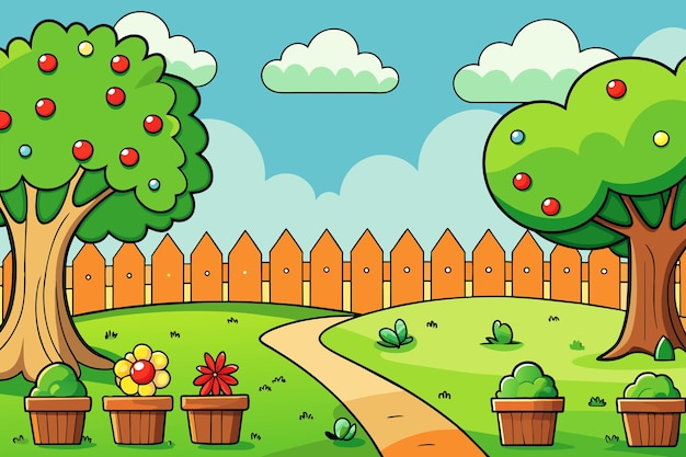 una ilustración colorida de un jardín con una valla y una valla con un árbol y una cerca con una cerca en el fondo