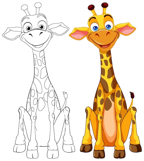 Ilustración colorida de la jirafa antes y después
