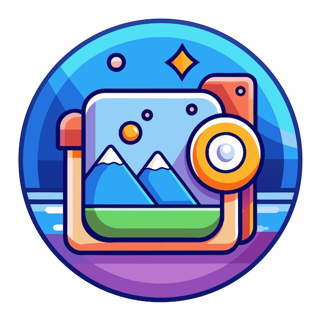 Ilustración colorida de una lente de cámara con un paisaje de montaña