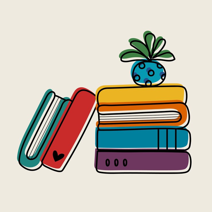 Ilustración colorida de libros con una planta en la parte superior