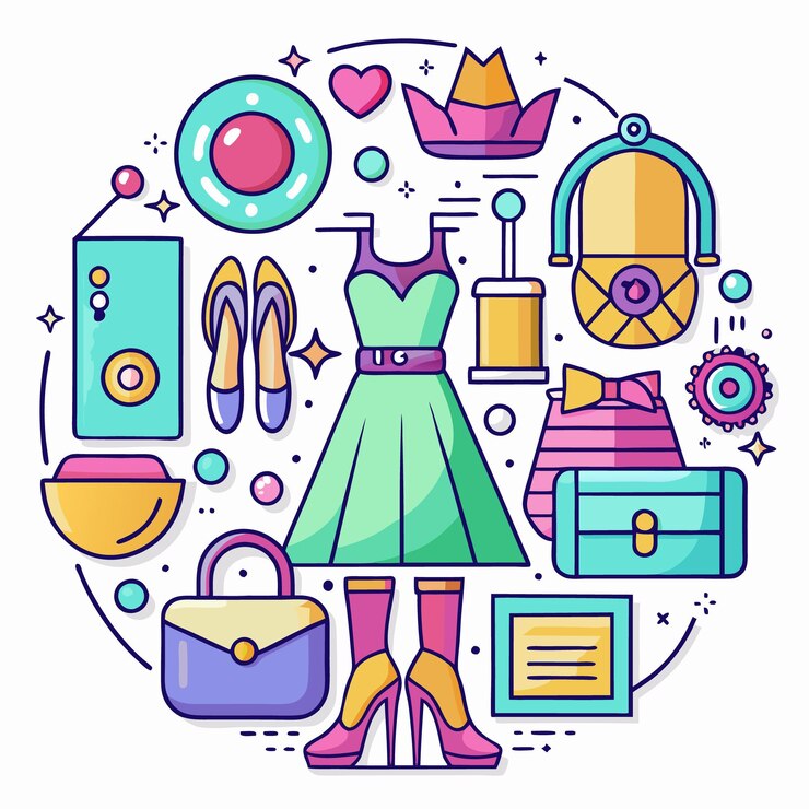 Vector ilustración colorida y linda de artículos de moda femeninos con un vestido verde tacos rosados y bolsos