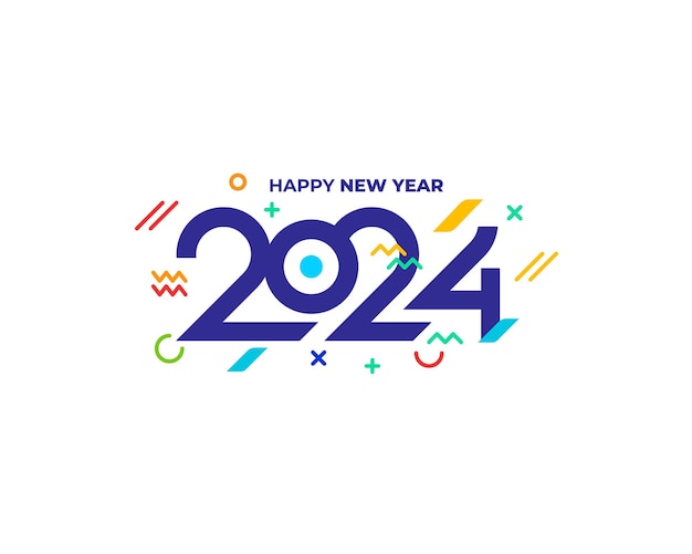 Ilustración colorida del logotipo de la bandera del fondo del saludo del feliz año nuevo 2024