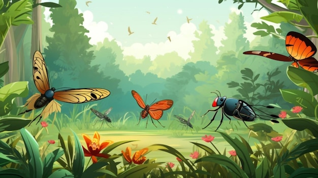 Vector una ilustración colorida de mariposas y flores en un bosque