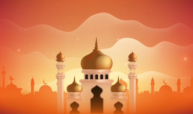 una ilustración colorida de una mezquita con una ciudad en el fondo