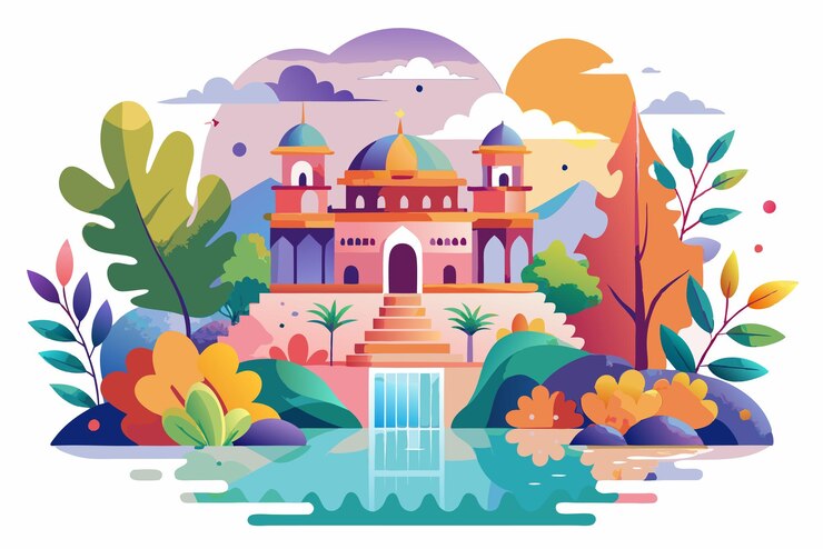 Vector ilustración colorida de una mezquita con follaje exuberante y una piscina reflectante