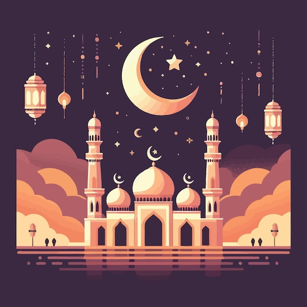 una ilustración colorida de una mezquita con una luna y estrellas por encima de ella