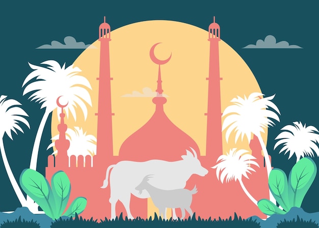 Una ilustración colorida de una mezquita con una vaca y una luna eid al adha