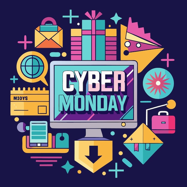 Una ilustración colorida de un monitor de computadora que muestra las palabras "Cyber Monday" rodeado de íconos que representan las compras en línea