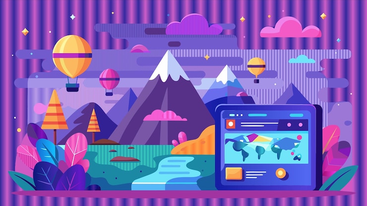 Vector una ilustración colorida de una montaña con un mapa del mundo en él