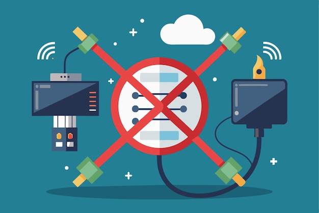 Una ilustración colorida muestra dispositivos y cables tachados destacando el tema de no conectividad No concepto de conexión