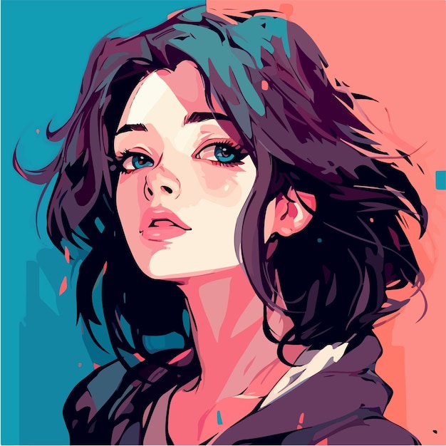 Una ilustración colorida de una mujer con cabello rizado y un fondo azul y rosa.