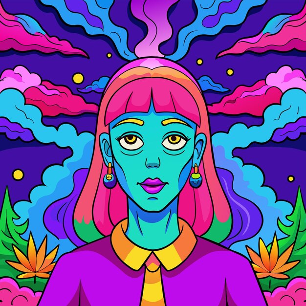 Vector una ilustración colorida de una mujer con una cara colorida y la palabra alienígena en él