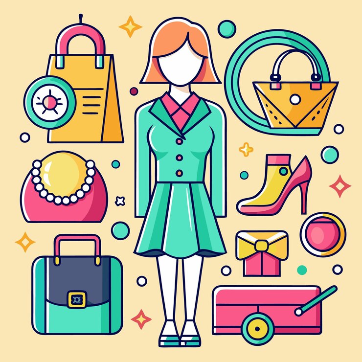 Vector ilustración colorida de una mujer y varios artículos de moda