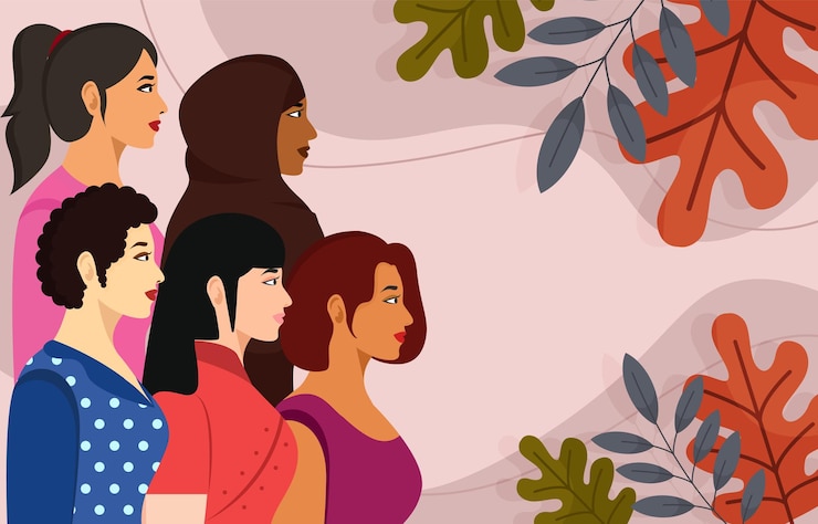 Vector una ilustración colorida de mujeres en una línea con hojas y una imagen de ellas