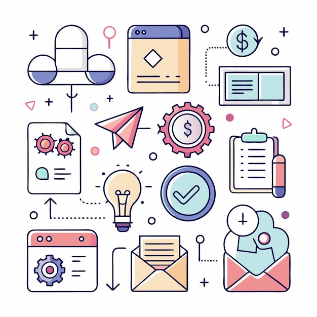 Una ilustración colorida con múltiples iconos para las finanzas y la productividad de la empresa