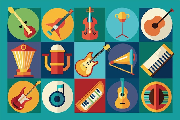 una ilustración colorida de música y música con un fondo azul