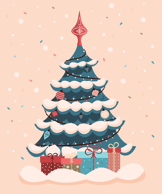 Ilustración colorida de Navidad El árbol de Navidad está decorado con una guirnalda y un árbol de Navidad