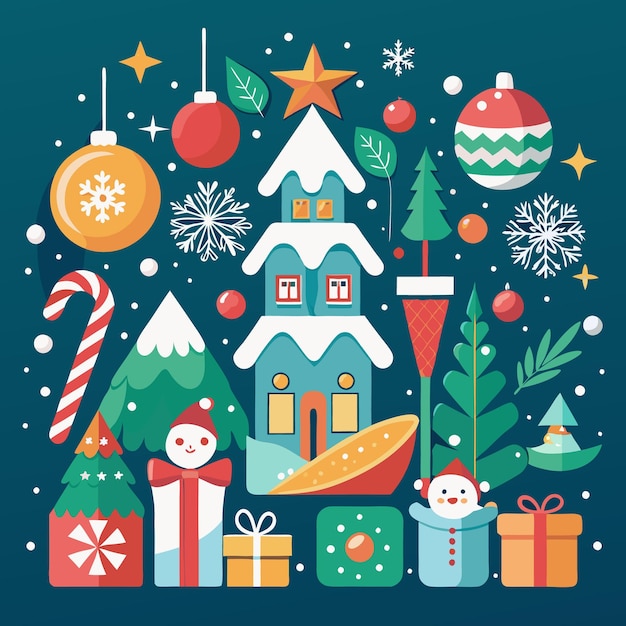 Ilustración colorida de Navidad con un hombre de nieve de la casa Árboles de Navidad presenta adornos cañas de caramelo y copos de nieve