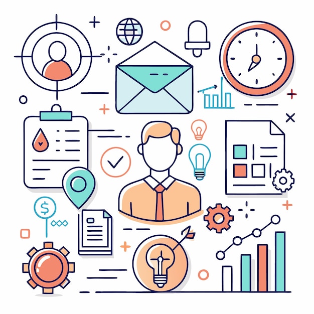 Una ilustración colorida de negocios y marketing con iconos que representan la fijación de objetivos, el marketing por correo electrónico, las ideas de proceso de gestión del tiempo y el crecimiento