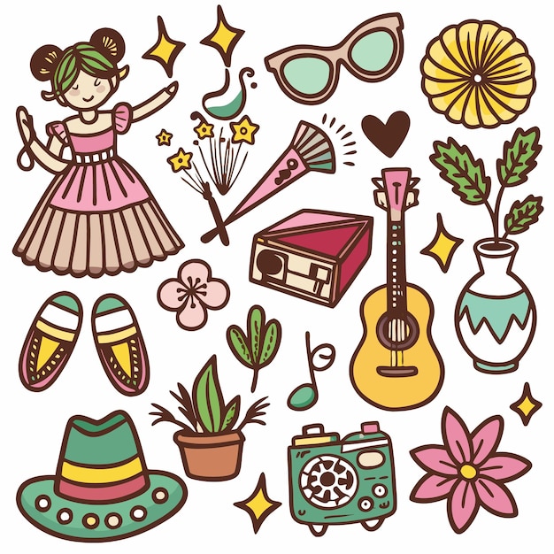 Ilustración colorida de una niña, flores de guitarra y otros objetos