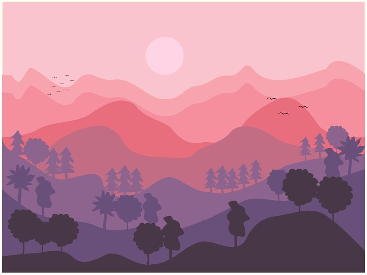 Una ilustración colorida de un paisaje montañoso con una puesta de sol y una silueta de árboles