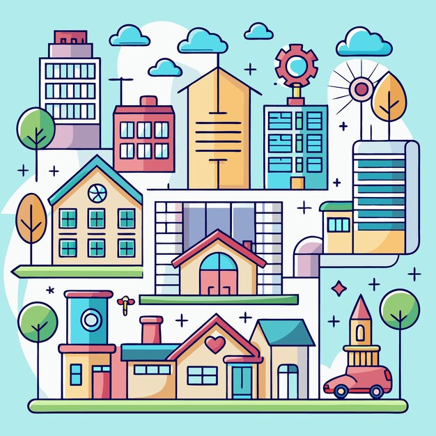 Ilustración colorida de un paisaje urbano con casas, coches, árboles y nubes