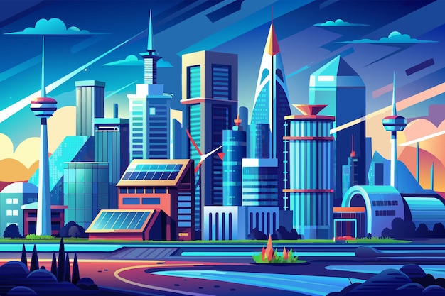 Vector ilustración colorida de un paisaje urbano futurista al atardecer con rascacielos modernos un panel solar transporte futurista y vegetación exuberante contra un cielo vibrante con nubes y pájaros voladores