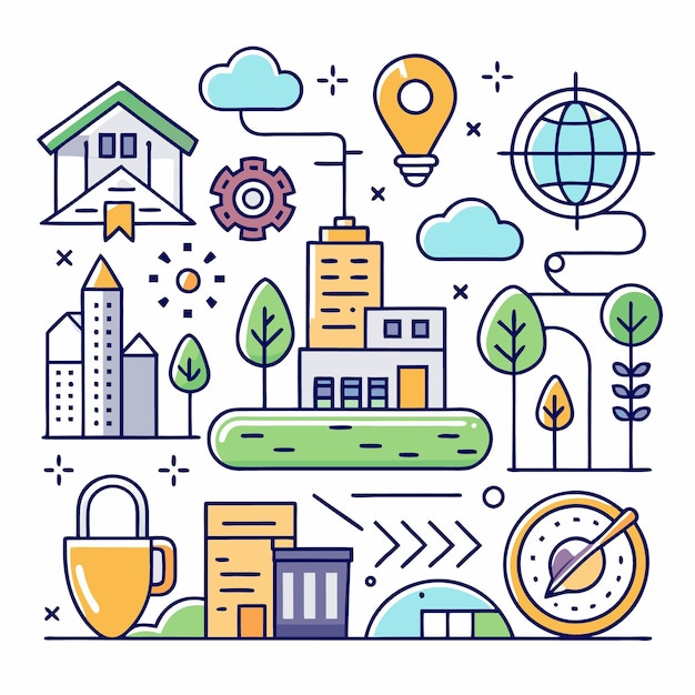 Ilustración colorida de un paisaje urbano con íconos