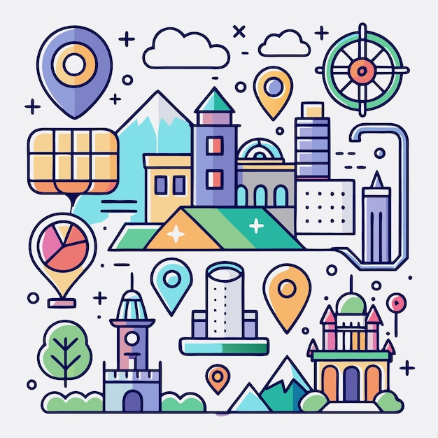 Ilustración colorida de un paisaje urbano con montañas de puntos de referencia y alfileres de ubicación
