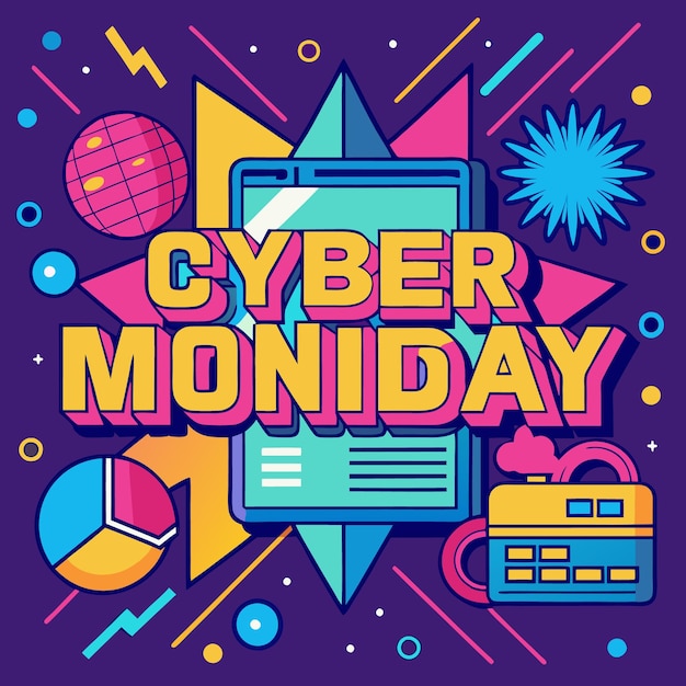 Una ilustración colorida de las palabras Cyber Monday con formas geométricas un teléfono inteligente una calculadora y un gráfico circular sobre un fondo púrpura