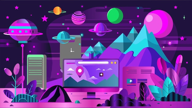 una ilustración colorida de una pantalla de computadora con planetas y estrellas