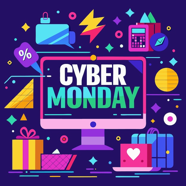 Ilustración colorida de una pantalla de computadora con el texto "Cyber Monday" en ella rodeada de iconos relacionados con las compras