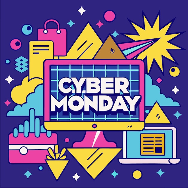 Una ilustración colorida de una pantalla de computadora con el texto "Cyber Monday" en negrita rodeado de formas geométricas y otros iconos de compras en línea