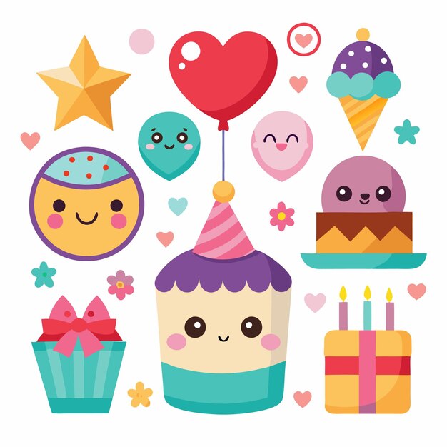 Una ilustración colorida de un pastel de cumpleaños con varias decoraciones