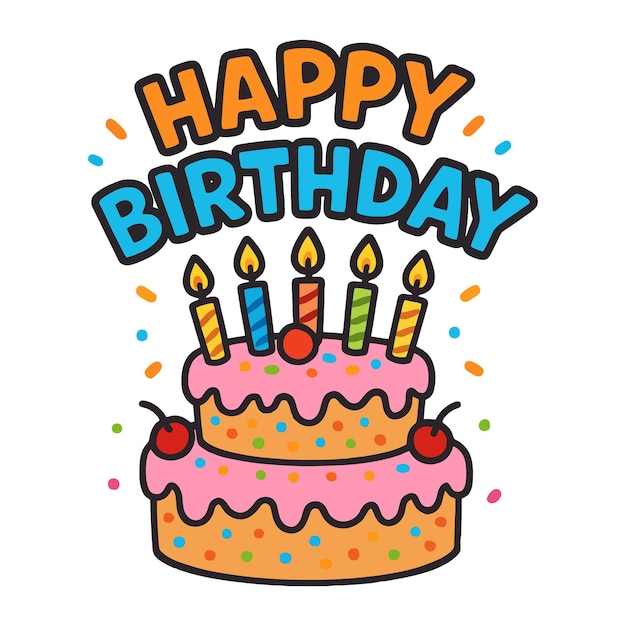 Ilustración colorida de pastel de cumpleaños con velas y confeti