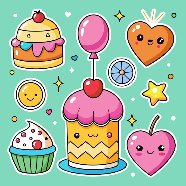 Ilustración colorida con pasteles, corazones, un globo y una estrella sobre un fondo turquesa