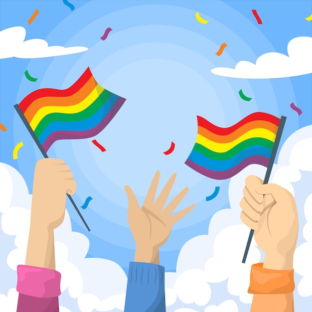 una ilustración colorida de una persona sosteniendo banderas y las palabras arco iris