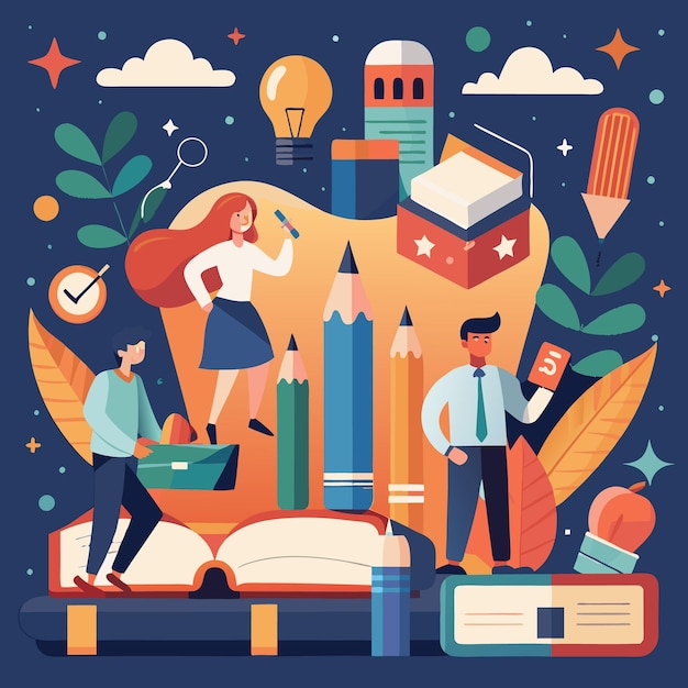 Ilustración colorida de personas que estudian con libros y lápices
