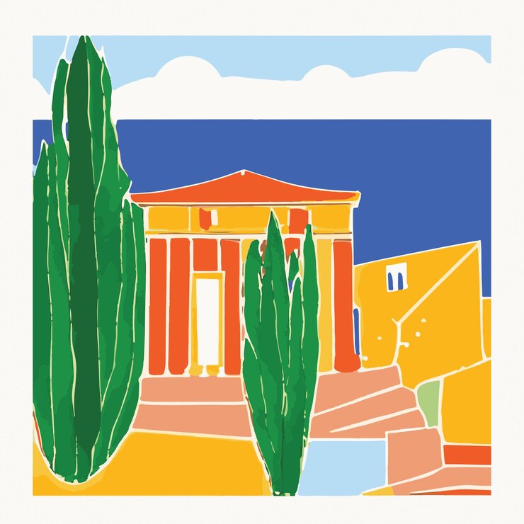 Vector ilustración colorida pintada de la impresión del cartel del viaje de la ciudad tropical de grecia