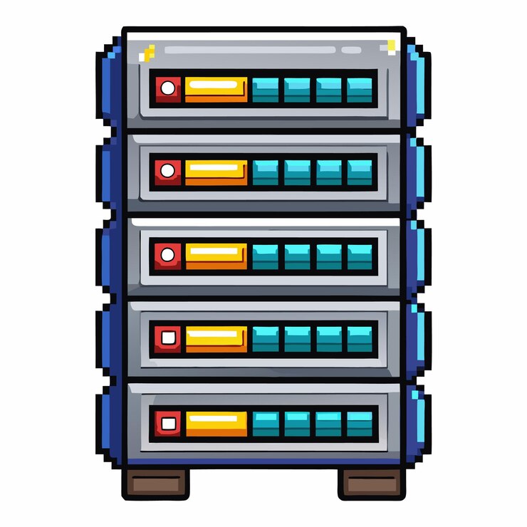 Vector ilustración colorida de pixel art server rack para conceptos de tecnología y almacenamiento de datos
